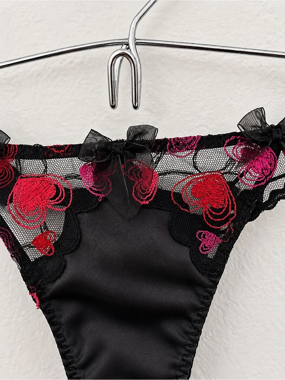 For Love and Lemons Black Satin Thong with Pink & Red Heart Embroidery